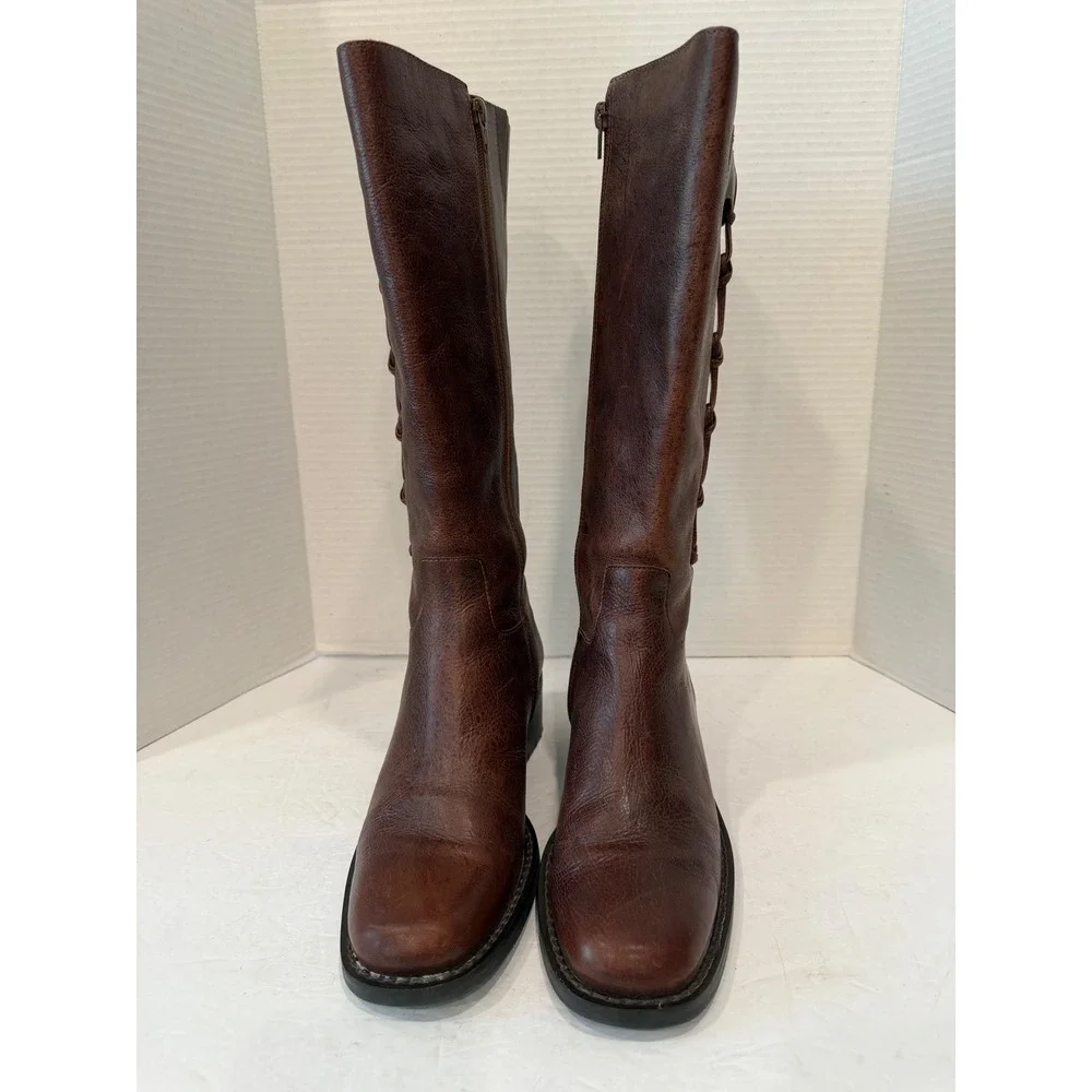 NICOLE Brown Leather Braided Buckle Tall Equestrian Zip Up‎ Riding Boots 9.5M